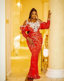 Glitter Aso Ebi Evening Gowns With Crystals Beaded Straps Long Sleeves Mermaid Plus Size Sequins Sexy Prom Dresses