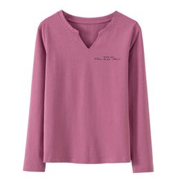 Harajuku Spring Letter Cotton T-shirt Women Casual V-neck Slim Stretchy Long Sleeve Tops Tee Autumn Tee Shirt Femme 210604