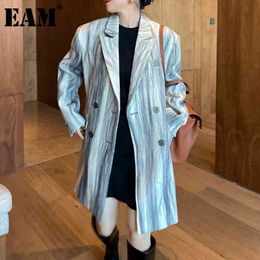 [EAM] Women Grey print Double Breasted Blazer Lapel Long Sleeve Loose Fit Jacket Fashion Spring Autumn 1DD6440 21512