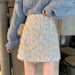 WERUERUYU Fall Knit Skirt Women Designer Feather Sweater Skirt Grey A Line Elastic High Waist Long Midi Crochet Skirt Fashion 210608