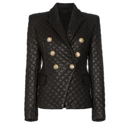 QUALITY Stylish Designer Blazer Women's Lion Buttons Grid Cotton Padded Slim Fitting Synthetic Leather Jacket Suits & Blazers