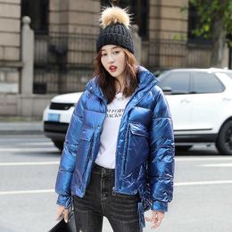 LY VAREY LIN Winter Glossy Coats Women Stand Collar Korean Style Short Jackets Casual Loose Ladies Bubble 210526