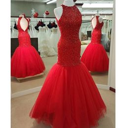 Sexy Red Mermaid Prom Dresses for Pageant Halter Women Major Beading Tulle Formal Evening Party Gowns