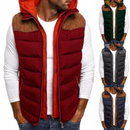 Men's Vests Autumn Winter Vest Men Color Block Zipper Sleeveless Hooded Cotton Jacket Coat Keep Warm Padded Clothing