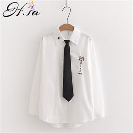Hsa chemise femme Women Blusa and White Shirts Long Sleeve Tie Up Cat Embroidery Cotton Blusas blusas mujer de moda 210430