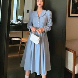 Vintage French High Waist Blue A-line Slim Long Dress Women Fashion Casual Vestidos Elegant Korean Office Lady Sukienka 210514