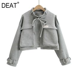 DEAT Autumn Winter Women Fashion Stand Collar Long Sleeve Large Pocket Decoration Plaid Pattern Casual Coat RD747 210709