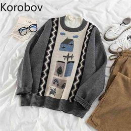 Korobov Japanese Style Knitted Jacquard Vintage Women Sweaters Korean O Neck Long Sleeve Winter Pullovers Harajuku Sueter Mujer 210430