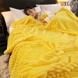 Super Soft Flannel Blanket For Beds Solid Striped Throw Sofa Cover Bedspread Winter Warm yellow 211122