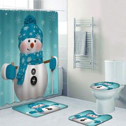 Shower Curtains Christmas Curtain For Bathroom 4 PCS Santa Snowman Xmas Theme Bath Decor Set With Rug Washable Non-Slip Mats Toilet Cover