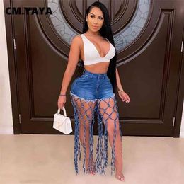 CM.YAYA Women Jeans Shorts High Waist Hollow Out Elastic Full Denim Pants Pockets Female Casual Street Sexy Trousers 210809