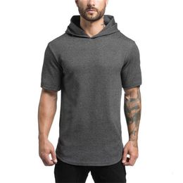 Mens Bodybuilding Hoodies Men Gyms Hooded Short Sleeve T shirt Fitness Clothing Muscle Slim Solid Cotton Pullover Sweatshirt 210421