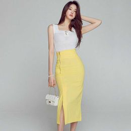 Work Style OL Slim 2Piece Set Women Knit Top + High Waist Hip Split Pencil Skirt Spring Summer Temperament Suit 210529