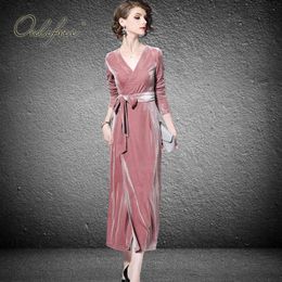 Vintage Women Autumn Sleeve Elegant Party with Belt Runway Retro Pink Sexy Maxi Long Velvet Dress 210415