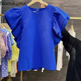 Nomikuma Woman Tshirts Summer Sweet Ruffle Tops Shirt Causal Butterfly Sleeve O-neck Fashion Graphic Tees Feminimos 6G814 210427