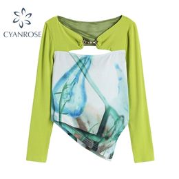 Vintage Sexy Hollow Out Green Tops Women Summer Design Aesthetic Long Sleeve Knitted Tee Casual Y2K Plant Print Clothes 210515