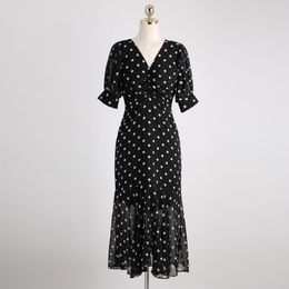 Black Polka Dot Summer Latest Dress Waist Sexy Temperament Fishtail Skirt Lace Bag Hip V-neck Party 210423