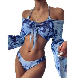 Tie-Dye Print 3 Piece Swimsuit Female Sexy Mesh Bikini Long Sleeve Swimwear Women Knot Biquini Beach Wear Bathing Suit 210520