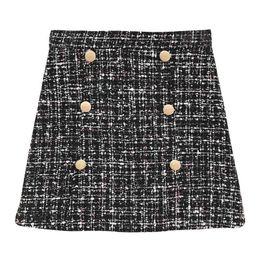 Pencil Skirt Vintage Zipper Sexy Mini High Waist Button Short Chic Tweed Elegant Winter S0088 210514