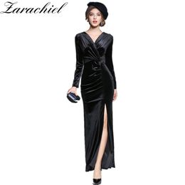 Autumn Winter Evening Party Dresses Velvet Women Elegant Ruched Sexy V Neck High Split Maxi Dress Vestido Longo 210416