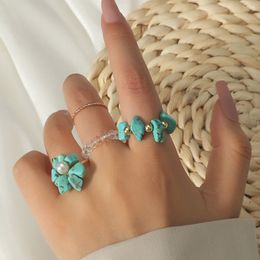 4 Pcs/Set Bohemian Ladies Gold Colour Metal Handmade Beaded Transparent Beads Green Stone Weave Flower Rings Set For Women Gift