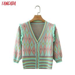 Tangada Summer Women Geometry Thin Knitted Cardigan Sweater Jumper Vintage Short Sleeve Button-up Female Outerwear 7Y31 210609