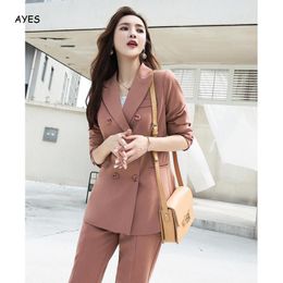 Women Elegant Double-Breasted Pink Blazer Suits Chic Pant 2021 Autumn Winter Solid Slim Office Lady Work Wear Women's Two Piece Pants