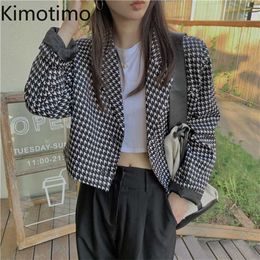 Kimotimo Crop Blazer Jacket Autumn Women Long Sleeve Houndstooth Notched Office Lady High Street Elegant Coat 211006