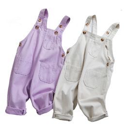 1-3Yrs Autumn Jeans Overalls Infant Long Pant Kids Rompers Baby Girls Jumpsuit Pocket Boys Casual Pants Korean Style 210417