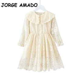 Wholesale Spring Girls Dresses Solid Beige Colour Lace Peter Pan Collar Lady Style Princess Kids Clothes E501 210610