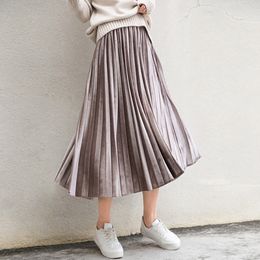 Spring Women Long Metallic Silver Maxi Pleated Skirt Midi Skirt High Waist Elascity Casual Party Skirt 210426