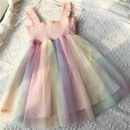 Sweet Children Summer Princess Baby Girls Dress Rainbow Printed Lace Tulle Patchwork Sleeveless Tutu Sundress 0-5Y Q0716