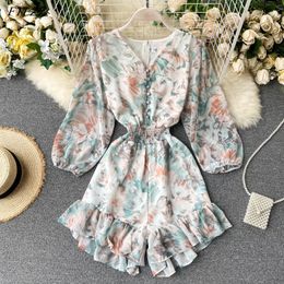 Autumn Elegant Female V-neck Button Ruffled Jumpsuits Casual Loose Floral Print Seaside Wide Leg Playsuits 210423