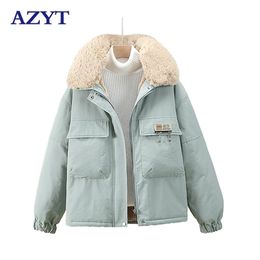 AZYT Winter Fur Collar Parkas Women Casaco Feminino Lambswool Thicken Warm Jacket Female Korean Loose Cotton Coat 211216