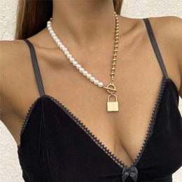 Punk Asymmetric Imitation Pearl Chain Necklace Men Steampunk Lock Lariat Clasp Lasso Pendant Fashion Women Jewellery 2022