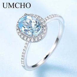 UMCHO Luxury Created Oval Sky Blue Topaz Rings Real 925 Sterling Silver Wedding Band For Women Cocktail Fine Jewelry 211217