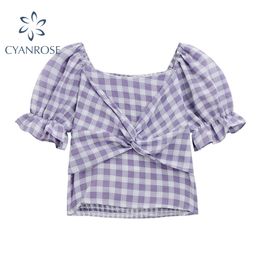 Women Summer Purple Plaid Sweet Blouses And Shirts For Ladies Korean Chest Cross Retro Square Collar Short Sleeve Ins Tops 210417