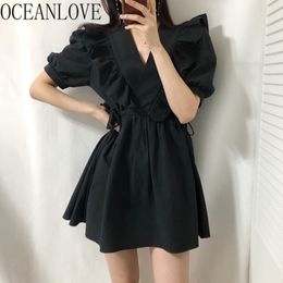 Solid Vestidos Ruffles Elegant Korean Fashion Summer Dress Women V Neck Vintage Robe Mini Dresses 16952 210415