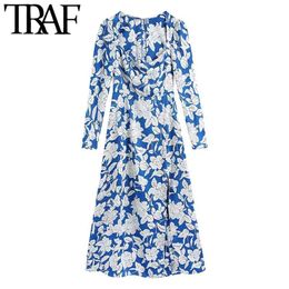 Women Chic Fashion Floral Print Front Slit Midi Dress Vintage Square Collar Long Sleeve Female Dresses Mujer 210507