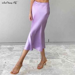Mne18 Solid Purple Satin Silk Skirt Women High Waisted Summer Long Skirt Elegant Ladies Office Skirts Midi Spring 210730