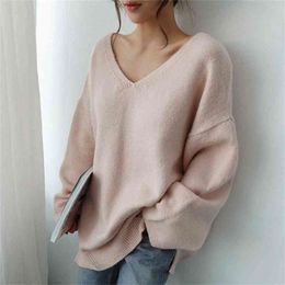 Women Korean Style Sweaters Spring Autumn V Neck Loose Knitted Top Ladies Pink Oversized Sweater Pullover Harajuku 210525