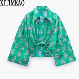 Za Spring Summer Women Retro Printing Simple Style Long Sleeve Twisted Pullover Shirt Casual Chic Tops XITIMEAO 210602