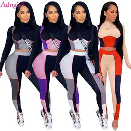 Adogirl Casual Colour Patchwork Sporty GYM Two Piece Set Long Sleeve Crop Top Pencil Pants Tracksuit Fitness Active Outdoor Suit Y0625