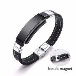 Fashion Black Leather Stainless Steel Inlaid Magnet Classic Glossy Silicone Men's Bracelet SZ003 Bangle