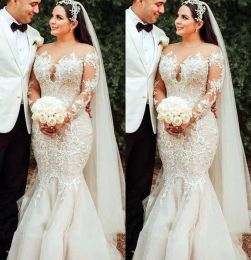 Designer Mermaid Wedding Dresses 2022 Bridal Gown Jewel Neck Long Sleeves Sweep Train Illusopn Beaded Crystals Custom Made Plus Size Vestido De Novia 401 401