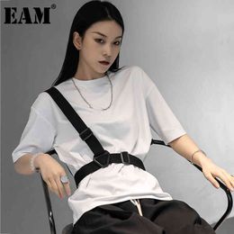 [EAM] Women White Big Size Suspenders Loose Casual T-shirt Round Neck Half Sleeve Fashion Spring Summer 1DD7721 21512