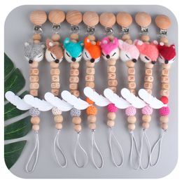 DHL INS Fox Wood Baby Pacifier Holders Pacifier Clips Förhindrar fallande spädbarnstecknad gutta för barnmatning