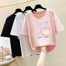 Summer Tops cartoon print T-Shirt Casual Tee Shirt Femme Korean Cotton Short Sleeve Pockets T Shirt Women Clothes 210604