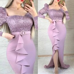 Elegant Arabic Formal Evening Dresses Heart Shape Mermaid Long Sleeves Women 2023 Robe De Soiree Lace Satin Prom Gowns Front Slit Special Occasion Dress