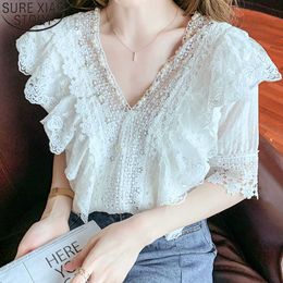 Summer V-neck Lace Blouse Women Loose Shirts Korean Fashion White Tops Ladies Short-sleeved Fairy Shirt Tops 14887 210527